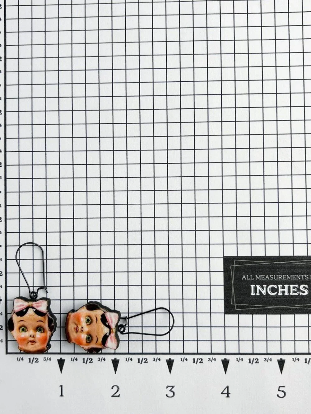 Vintage Doll Face Pink Bows Wood Cutout Dangle Earrings Kitsch Creepy Cute